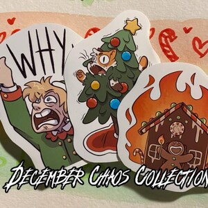Leuke chaotische glanzende waterdichte kerststickers! (Elf Screaming, Cat Stuck in Tree, Gingerbread Man Burning House) *lees beschrijving*