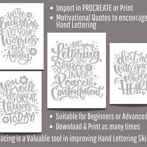 May include: Three printable hand lettering designs in gray on a white background. The designs feature motivational quotes: "With each stroke let your worries fade away", "Let your lettering be a source of inner peace & contentment", and "Do it all with your whole heart!"