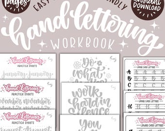 Quaderno di esercizi di calligrafia con pennello per principianti / Schede di esercizi di lettering a mano / Guida alla calligrafia moderna / Alfabeto, giorni, citazioni / Pagina da colorare bonus