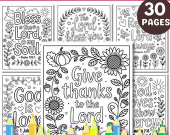 May include: A collection of black and white coloring pages with religious themes, including Bible verses and floral designs. The pages are accompanied by a set of colorful pencils. The words "KIDS BIBLE COLORING" and "30 PAGES" are visible.