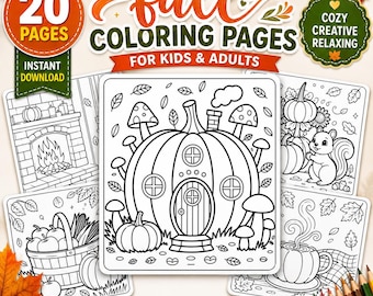 20 Fall Coloring Pages for Kids & Adults| Autumn Coloring Printable |Pumpkin, Leaves, Animals| Thanksgiving Activity | Instant Download PDF
