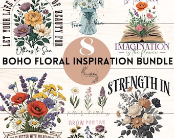 Boho Floral SVG PNG Bundle | Positive Quotes, Flower Clip Art (Digital Download)