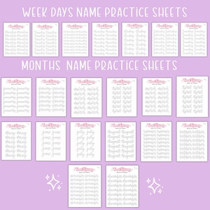 May include: A collection of practice sheets for learning handwriting. The sheets are arranged on a light purple background and are labeled with the words "Week Days Name Practice Sheets" and "Months Name Practice Sheets". Each sheet contains the names of the days of the week or the months of the year.