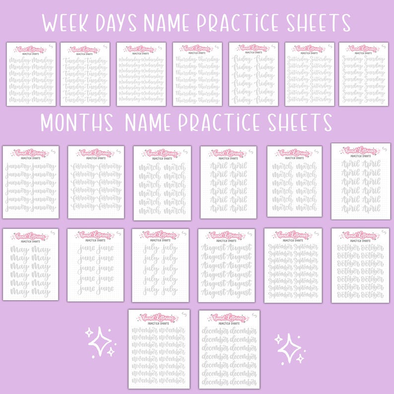May include: A collection of practice sheets for learning handwriting. The sheets are arranged on a light purple background and are labeled with the words "Week Days Name Practice Sheets" and "Months Name Practice Sheets". Each sheet contains the names of the days of the week or the months of the year.