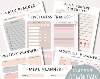 Minimalistisk utskrivbar planerarpaket – Daglig, Veckovis, Månadsvis Planerare | Matplanerare, Wellness Tracker, Daglig Rutinchecklista PDF |