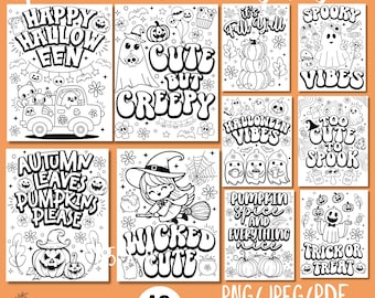May include: Ten black and white printable Halloween coloring pages featuring cute and spooky designs. The pages include phrases like "Happy Halloween", "Cute but Creepy", "Spooky Vibes", and "Trick or Treat".