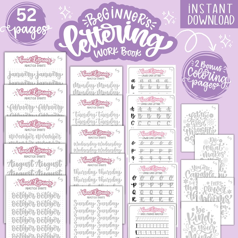 May include: A beginner's lettering workbook with 52 pages, featuring practice sheets for letters, words, and inspirational quotes. The cover is a soft purple with white lettering and includes the text "Beginner's Lettering Workbook".