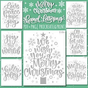 May include: A set of ten printable Christmas-themed hand lettering designs. The designs feature various Christmas phrases, including "Love Peace Hope Joy", "Joy to the World", "We Wish You a Merry Christmas", "This is the Season to Sparkle", "Oh Come Let Us Adore Him", "Holly Jolly", and "Merry & Bright".
