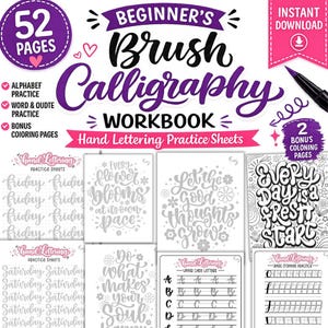 Könnte beinhalten: Ein Brush-Calligraphy-Workbook für Anfänger mit 52 Seiten, einschließlich Alphabetübungen, Wortübungen und Bonus-Malvorlagen. Das Cover zeigt den Titel "Beginner's Brush Calligraphy Workbook" in Lila und Weiß.