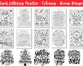 Kerstkleurplaten pdf, afdrukbaar kleurboek, vrolijk kerstfeest, oefenbladen, handbelettering, kaarten met positieve bevestiging voor kinderen