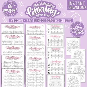 Op de afbeelding: Een beginnersletteringwerkboek met 65 pagina's, met oefenbladen voor letters, woorden en maanden. Inclusief bonus kleurplaten. De omslag is lichtpaars met witte en roze letters.