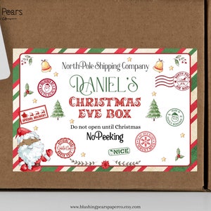Etiqueta de caja de Nochebuena, etiqueta de caja de víspera personalizada, plantilla imprimible Carta de Navidad de Santa Negro, descarga instantánea DIY editable c01