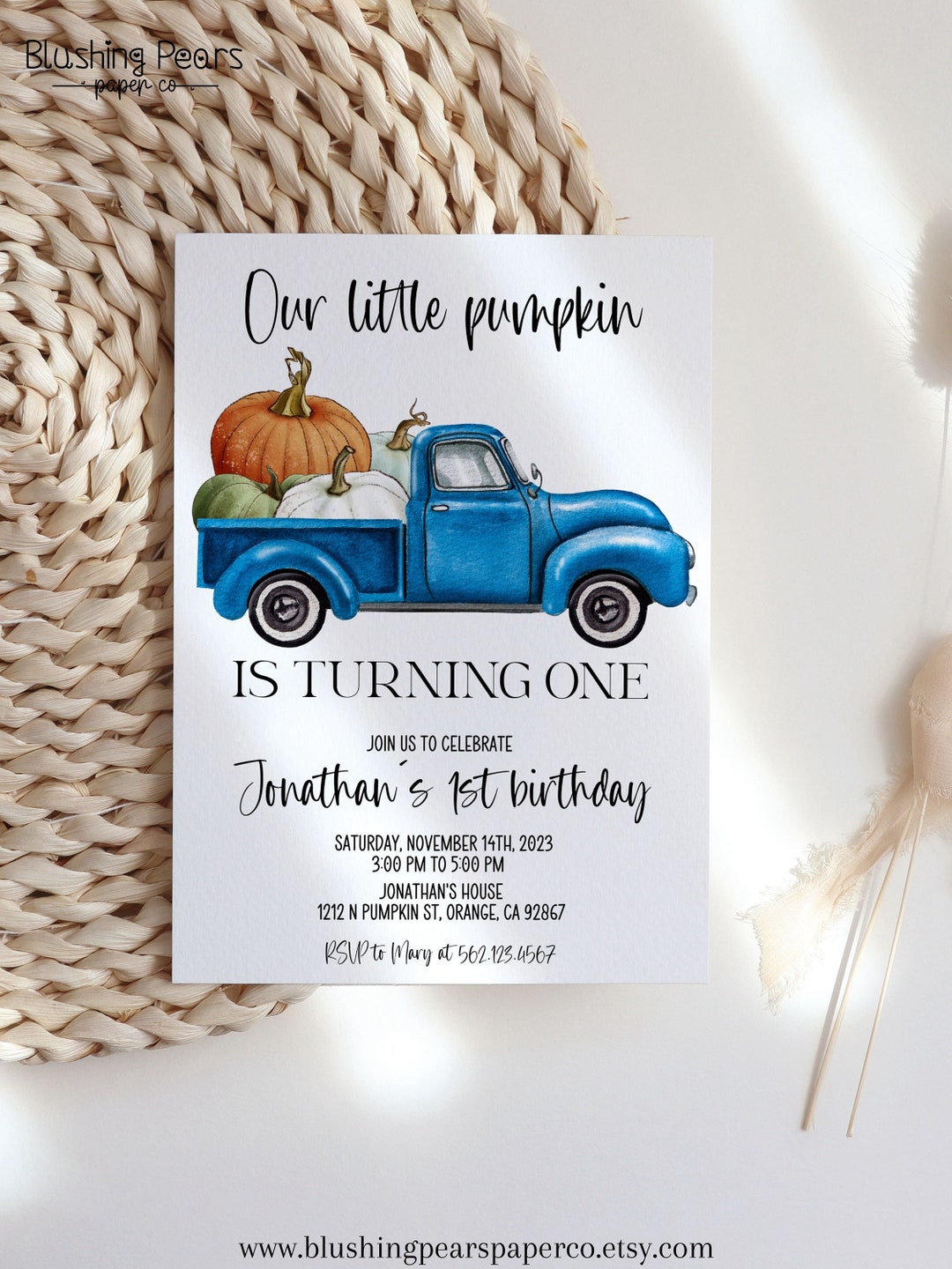Blue Truck Pumpkin Birthday Invitation Any Age Birthday A Little blue-truck-pumpkin-birthday-invitation-any-age-birthday-a-little