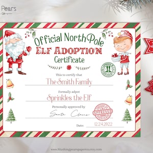 Certificado de adopción de elfos, certificado de elfo personalizado para niños, plantilla imprimible Carta de Navidad de Santa, descarga instantánea DIY editable c01