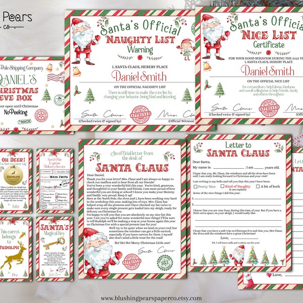 Christmas Eve Box Kit, Letter From Santa, Nice Certificate, Labels Tags, Letter to Santa, Printable Template , Editable DIY c01