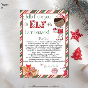 Carta de chegada do elfo negro, carta de retorno do elfo do menino negro, elfo de natal estou de volta, carta do seu elfo, digital editável para impressão DIY c01