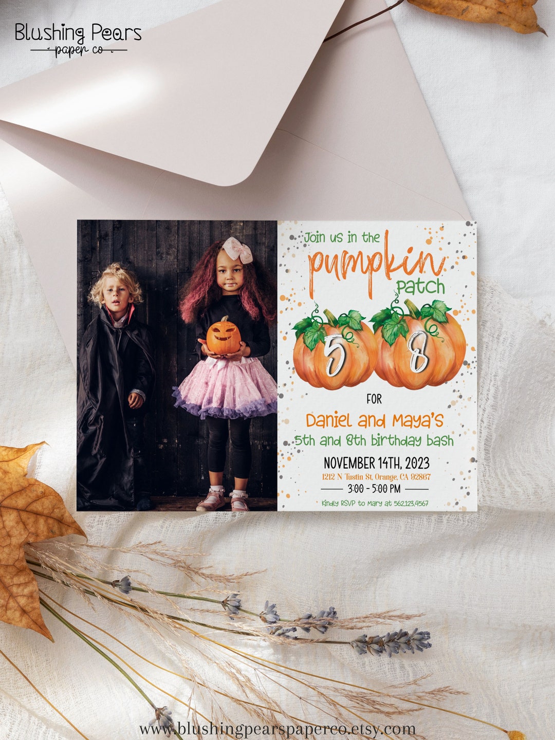 Siblings Pumpkin Birthday Invitation, Photo Any Age Birthday Invite