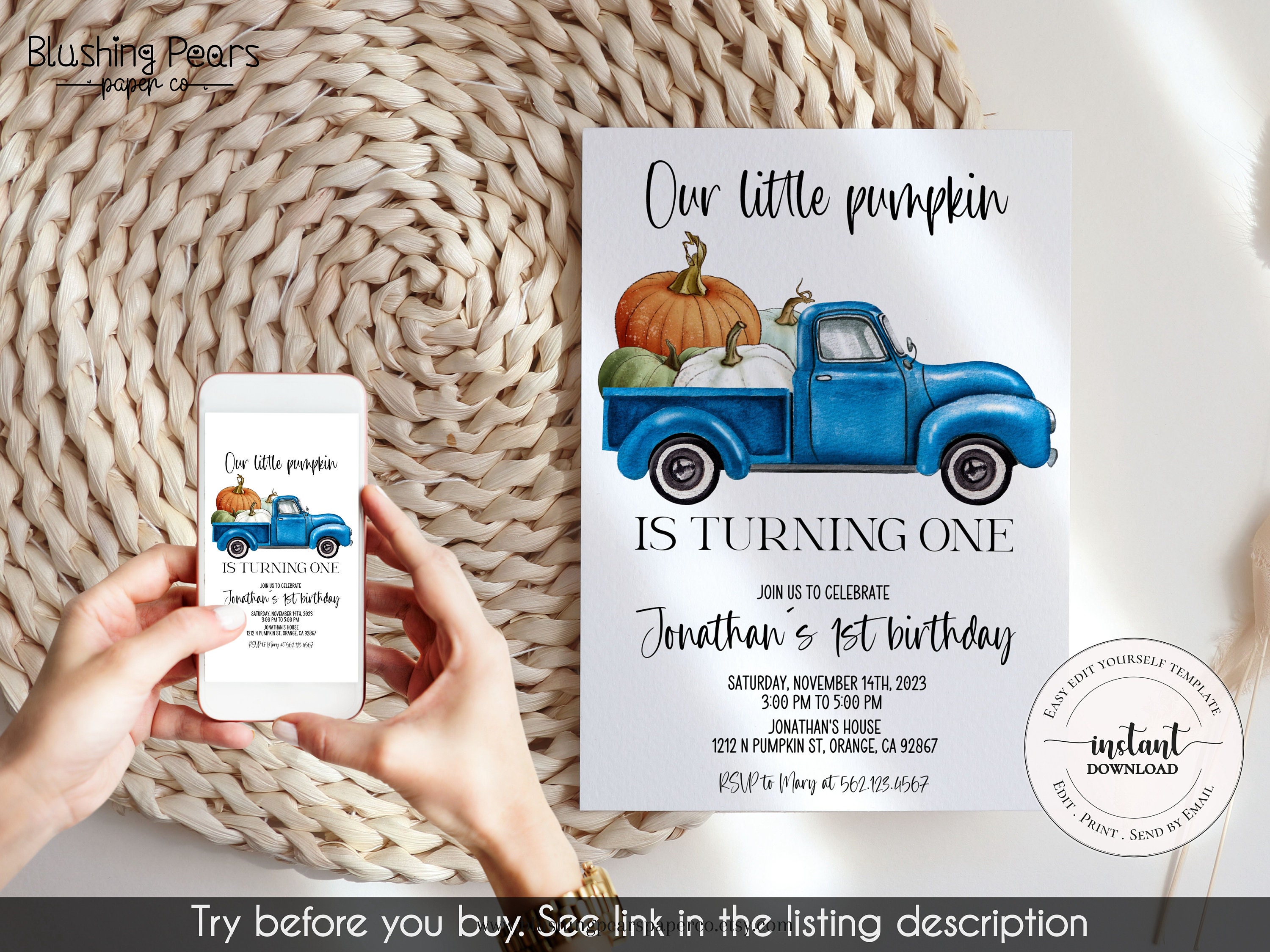 Blue Truck Pumpkin Birthday Invitation Any Age Birthday A Little blue-truck-pumpkin-birthday-invitation-any-age-birthday-a-little