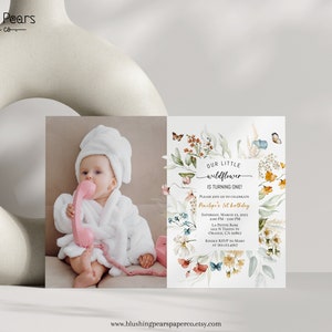 Wildflower 1 ° compleanno foto invito, il nostro Wildflower sta trasformando un invito foto, invito compleanno giardino, stampabile digitale WB02