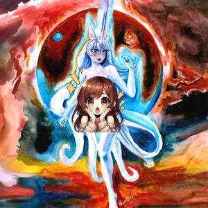 May include: A watercolour painting of a white, ethereal figure with long, flowing hair and a surprised expression. The figure is surrounded by a swirling blue and red background, with a small blue orb in the top left corner. The figure is standing on a red and orange surface, with the word "Merrellbird" written in the bottom right corner.