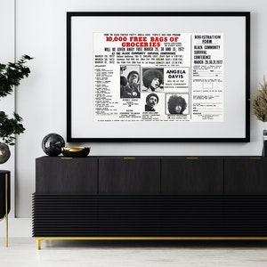 May include: Black and white poster advertising a Black Community Survival Conference featuring Angela Davis. The poster includes a registration form and a list of speakers. The text reads "10,000 Free Bags of Groceries Will Be Given Away Free March 29, 30 and 31, 1972 at the Black Community Survival Conference."
