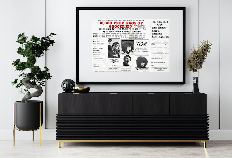May include: Black and white poster advertising a Black Community Survival Conference featuring Angela Davis. The poster includes a registration form and a list of speakers. The text reads "10,000 Free Bags of Groceries Will Be Given Away Free March 29, 30 and 31, 1972 at the Black Community Survival Conference."