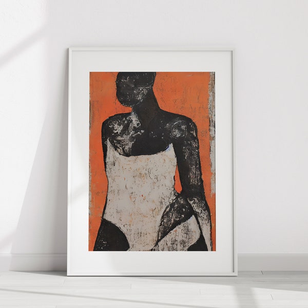 Art mural femme noire | Abstrait Marron Orange Beige | Art numérique noir | Décoration murale moderne noire