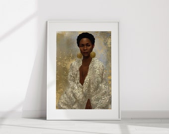 Black Woman Mixed Media Wall Art, Black Woman Abstract Art, African Woman Wall Art, Afro Bohemian Décor, Gold Wall Art