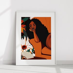 Schwarze Frau Lounging | Abstrakte Boho Wand Kunst | Buchliebhaber Kunst | Florale Wandkunst