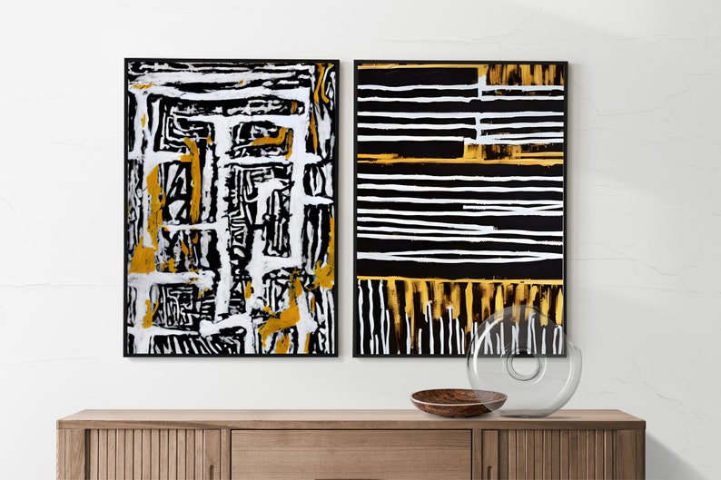 Black and Yellow Wall Art Set of 5 Ethnic Abstract Modern Art Prints
