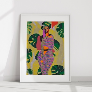 Abstrakcyjna czarna kobieta, sztuka w technice mieszanej, sztuka ścienna z afrykańską kobietą, wystrój w stylu afro boho, sztuka ścienna z potworem