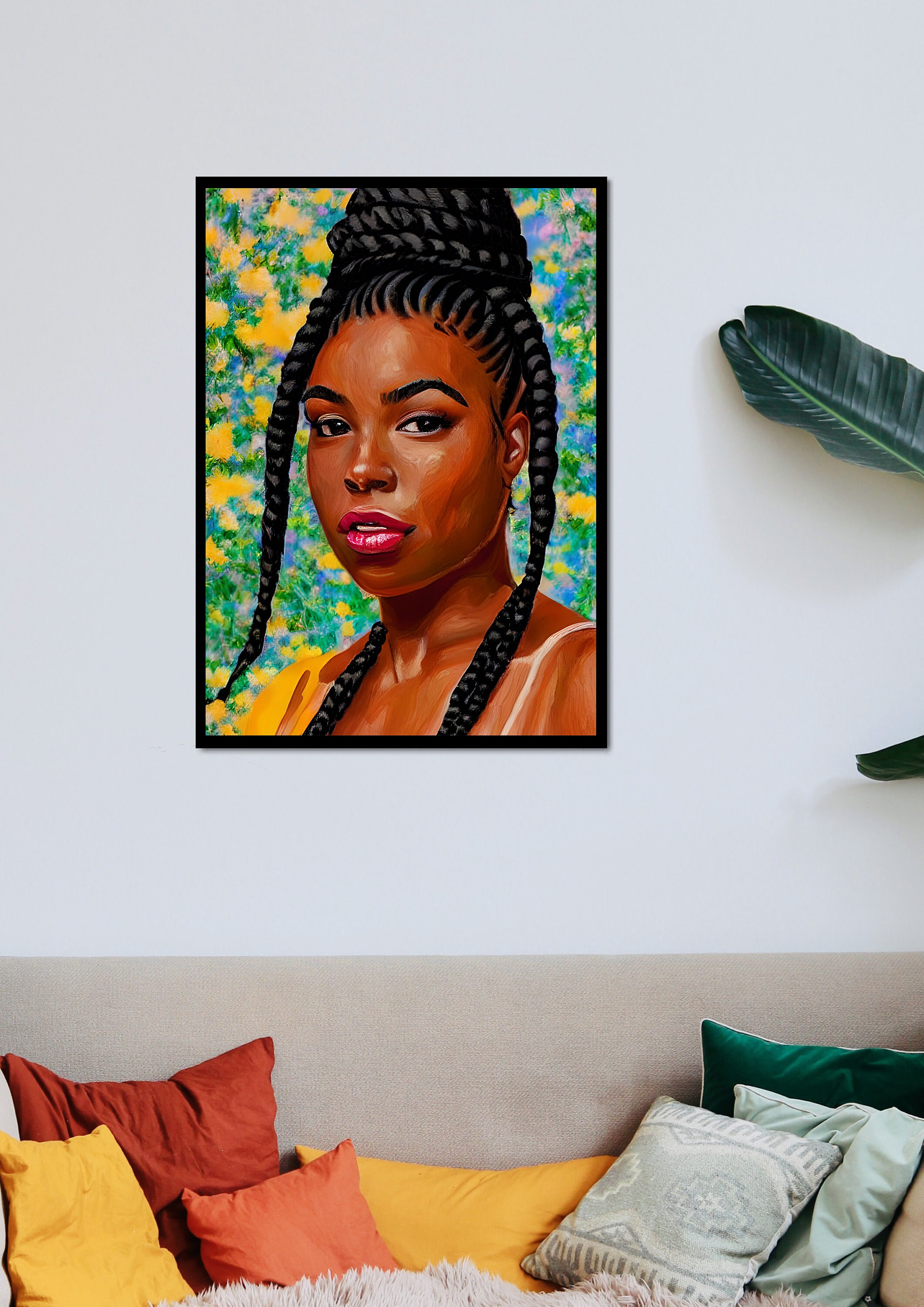 Black Girl With Braids, Black Girl Wall Art, Black Woman Abstract Art, African Woman Wall Art
