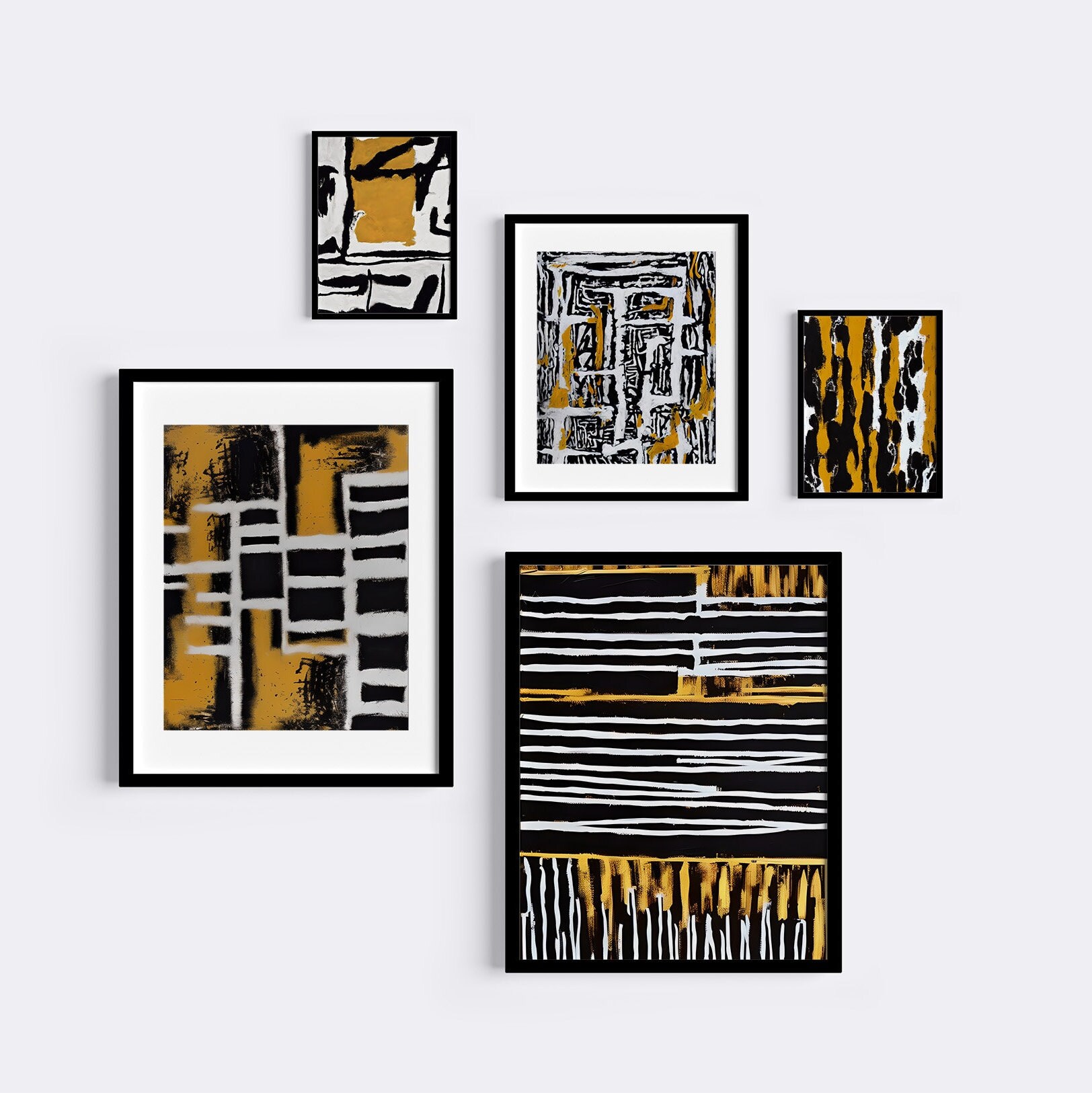Black and Yellow Wall Art Set of 5 Ethnic Abstract Modern Art Prints Digital Gallery Wall ...