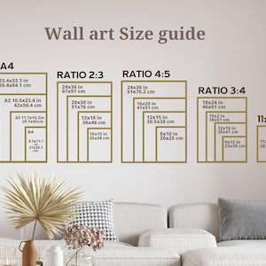 May include: A wall art size guide with different ratios and sizes listed in inches and centimeters. The guide includes standard paper sizes like A1, A2, A3, and A4, as well as ratios like 2:3, 3:4, and 4:5.