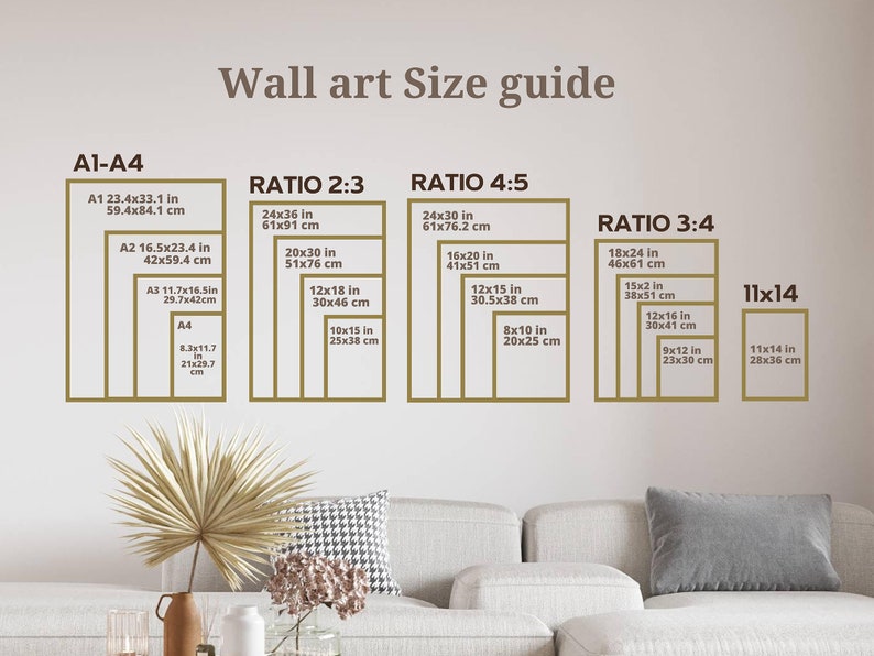 May include: A wall art size guide with different ratios and sizes listed in inches and centimeters. The guide includes standard paper sizes like A1, A2, A3, and A4, as well as ratios like 2:3, 3:4, and 4:5.