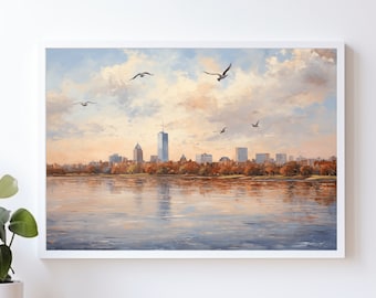 Boston Skyline Over the Charles River - Impressionism Style Art Print