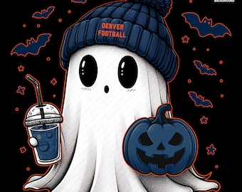 Cute Ghost Football Denver | Fall PNG | Halloween NFL Football Fan Ghost with Pumpkin | Digital Download for Sublimation & Crafts