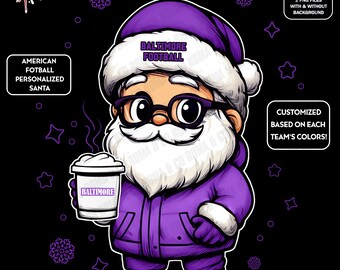 Cute Santa Football Baltimore | Winter PNG | Christmas NFL Football Fan Santa with Latte | Digital Download for Sublimation & Crafts