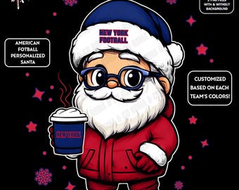 Cute Santa Football New York | Winter PNG | Christmas NFL Football Fan Santa with Latte | Digital Download for Sublimation & Crafts