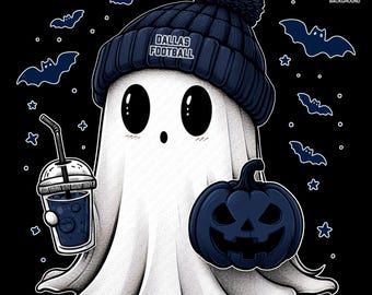 Cute Ghost Football Dallas | Fall PNG | Halloween NFL Football Fan Ghost with Pumpkin | Digital Download for Sublimation & Crafts