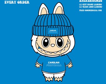 Cute Labubu Football Carolina | Game Day Team Spirit PNG | NFL Football Fan Labubu with Beanie | Digital Download for Sublimation & Crafts