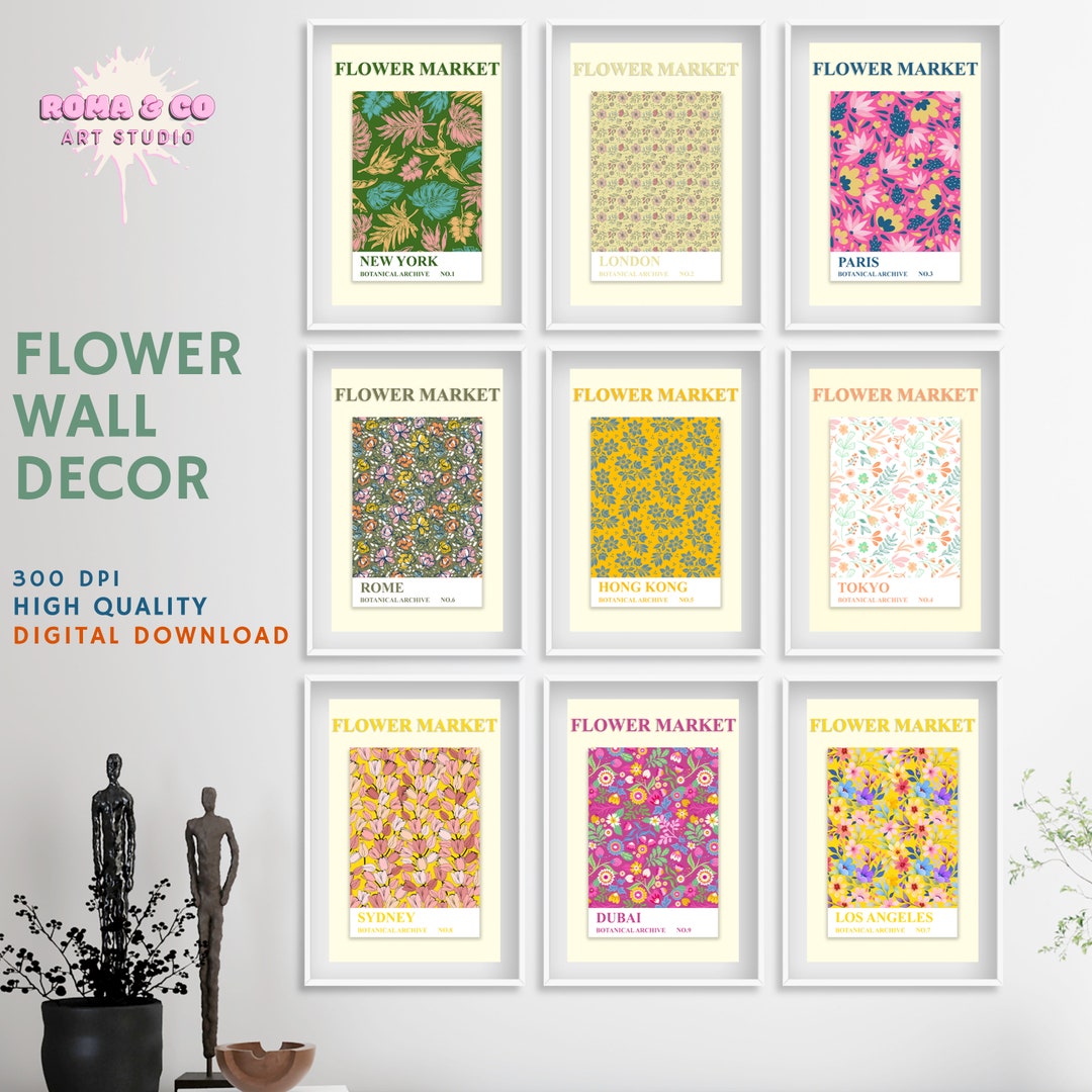 Flower Market Print, Set of 9, Botanical Wall Art, Floral Decor Poster ...