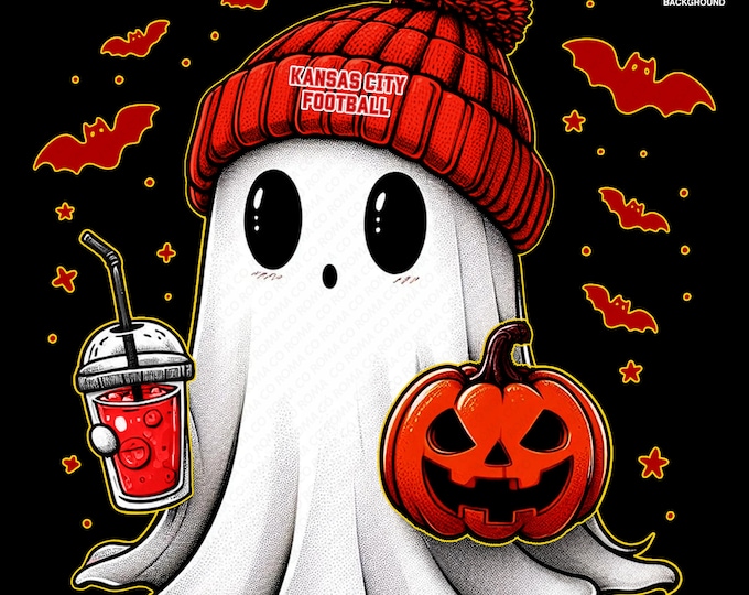 Featured listing image: Cute Ghost Football Kansas City | Fall PNG | Halloween NFL Football Fan Ghost with Pumpkin | Digital Download for Sublimation & Crafts