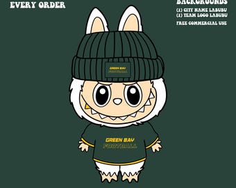 Cute Labubu Football Green Bay | Game Day Team Spirit PNG | NFL Football Fan Labubu and Beanie | Digital Download for Sublimation & Crafts