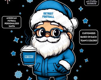Cute Santa Football Detroit | Winter PNG | Christmas NFL Football Fan Santa with Latte | Digital Download for Sublimation & Crafts