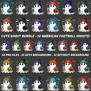 Könnte beinhalten: Ein Set mit 64 digitalen Clipart-Bildern mit niedlichen Geistern, die verschiedene farbige Hüte von American-Football-Teams tragen und einen Kürbis halten. Die Geister sind in verschiedenen Posen und haben unterschiedliche Gesichtsausdrücke. Die Bilder sind perfekt zum Erstellen von Halloween-Bastelarbeiten, Dekorationen und Partyzubehör.