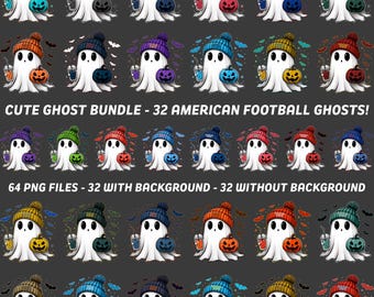 32 Team Bundle | Cute Ghost American Football | Fall PNG | Halloween NFL Fan Ghost with Pumpkin | Digital Download for Sublimation & Crafts
