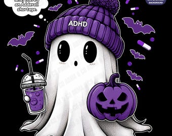 Cute Ghost ADHD Relatable Fall PNG | Halloween October Fan Ghost with Pumpkin | Digital Download for Sublimation & Crafts