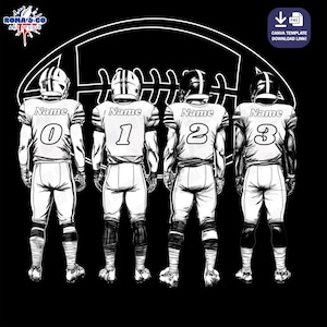 May include: Black and white illustration of four football players standing in a line, facing forward. The players are wearing jerseys with the numbers 0, 1, 2, and 3. The text "Name" is above each number. The players are standing in front of a football.