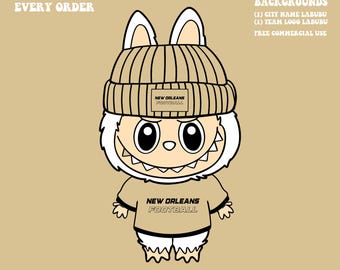 Cute Labubu Football New Orleans | Game Day Team Spirit PNG | NFL Football Fan Labubu and Beanie | Digital Download for Sublimation & Crafts